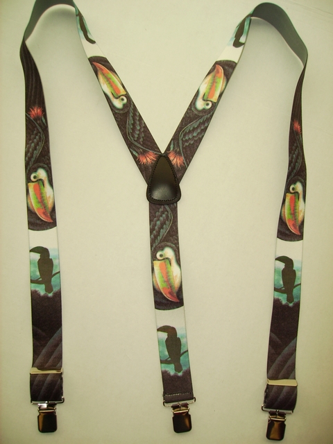 WILD LIFE TOUCAN "Y" Style 1 1/2" X 48" long. All Straps are stretchable Cotton/Polyester Hand Washable-Hang to Dry Material with Real Leather Patch, 3 Strong 1" x 1" High Polished Stainless Steel GRIPS and Two Secure Stainless Steel Adjusters. Fits 4' 8" to 6' 2" Average Build. Y-UB420N48WLTC